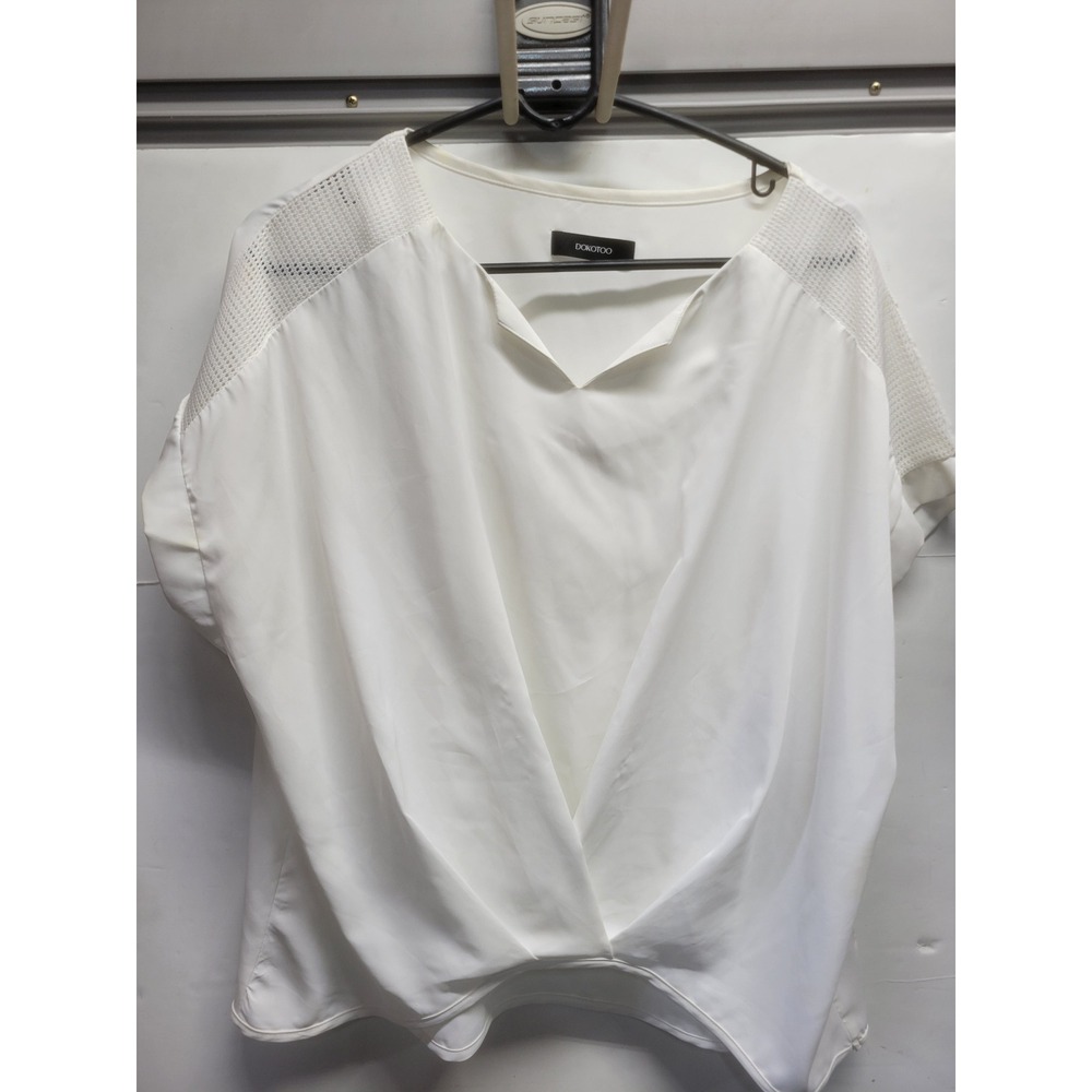 Dokotoo White Draped Front Blouse Mesh Shoulder Short Sleeve Top V-Neck xl
